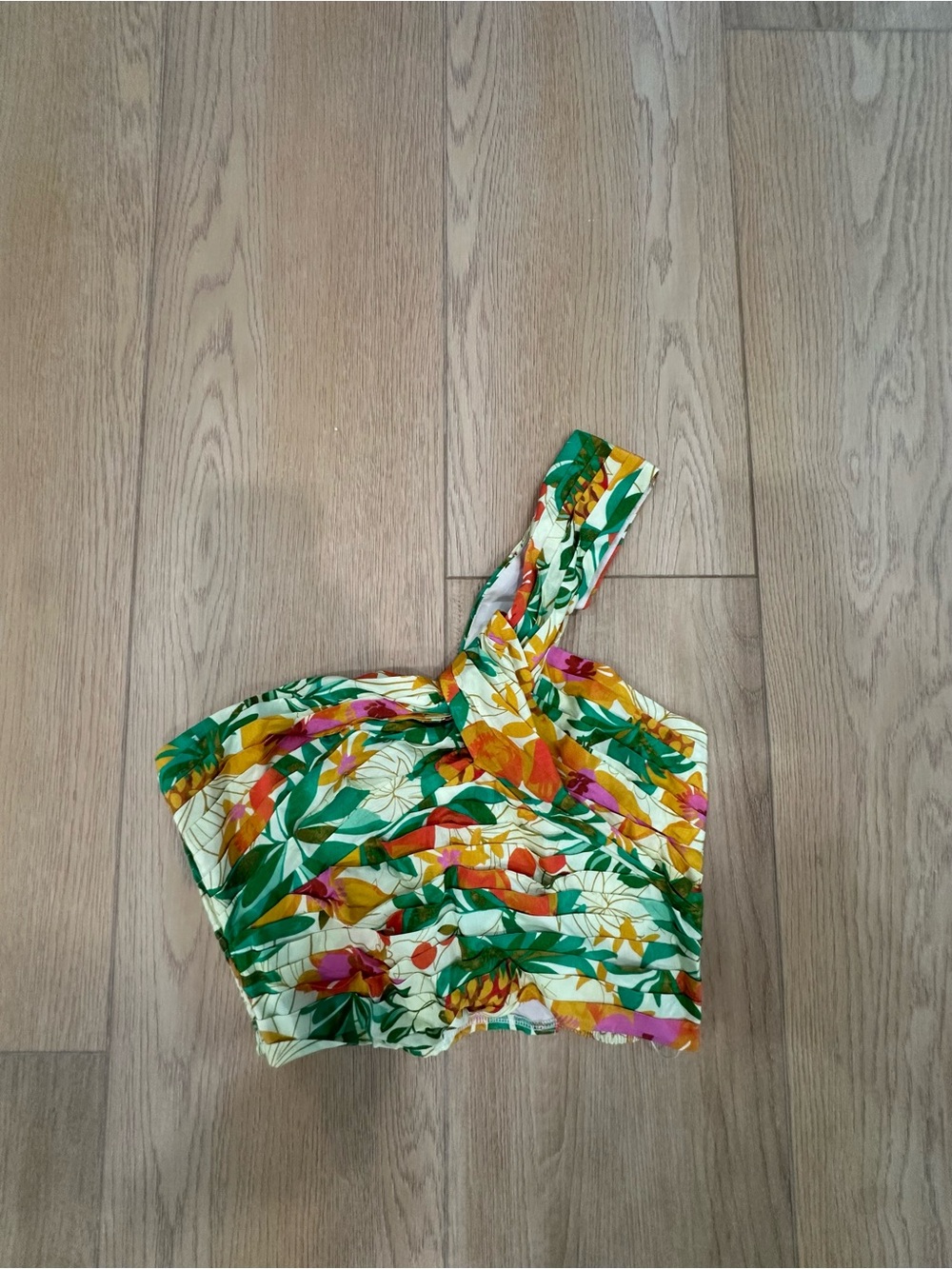 Astr One-Shoulder Tropical Floral Crop Top in Green, Yellow, Pink